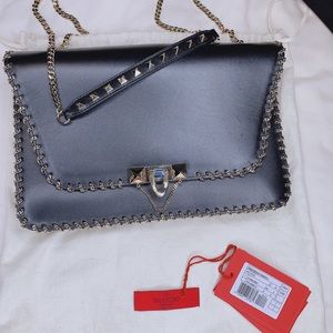 Valentino black leather purse flap chain rockstud